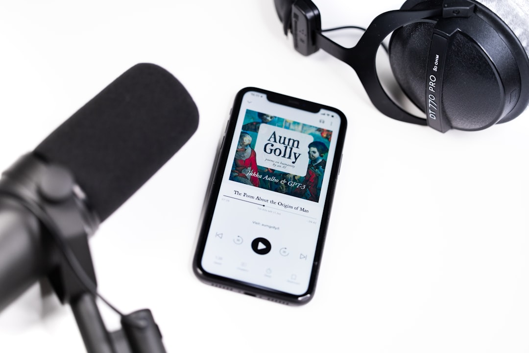 Narrating audiobooks with microphone and headphones on white background.